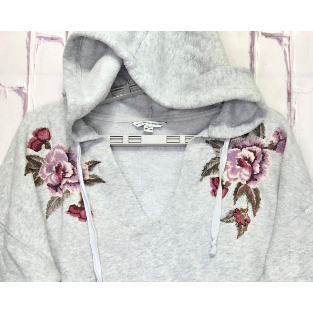 American Eagle Hoodie Gray Floral Embroidered V-Neck Pullover Womens Large